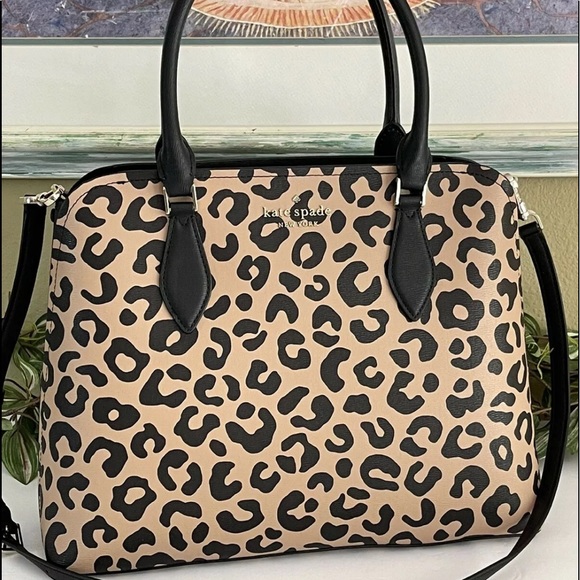 KATE SPADE DARCY LEOPARD LARGE SATCHEL SHOULDER BAG CROSSBODY TOTE LEATHER BLACK - Picture 3 of 9